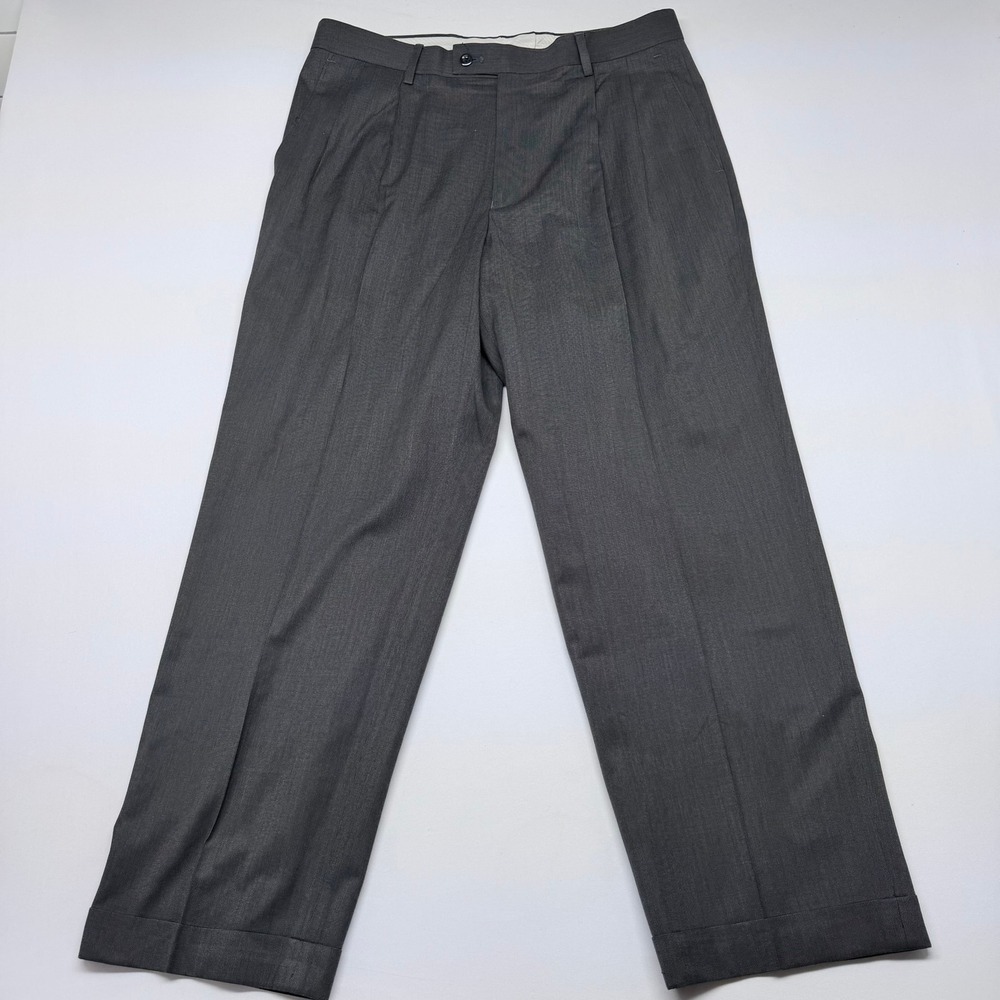 Alan Flusser Mens Pleated Dress Pants Charcoal Gray Cuffed 34x32 Wool Blend